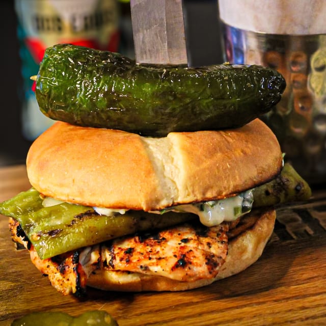Long Green Chile Cheese Burger.
